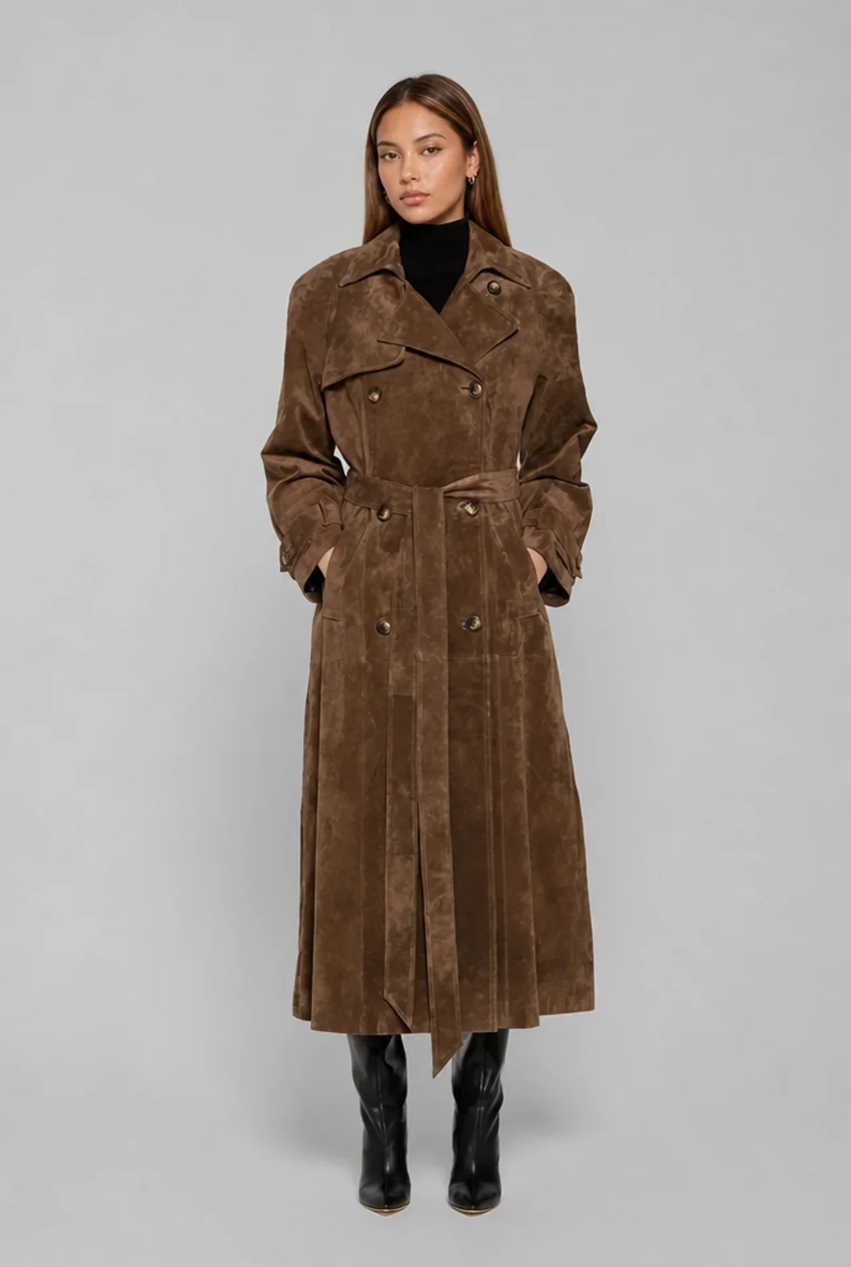 Long Faux Suede Trench Coat with Belt