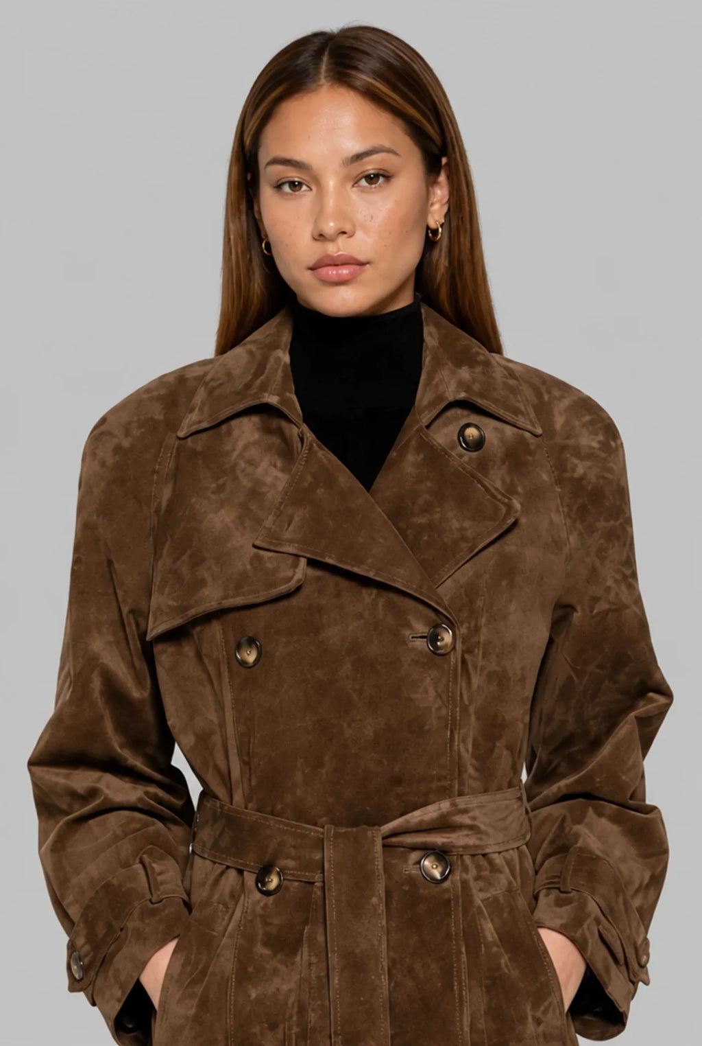 Long Faux Suede Trench Coat with Belt