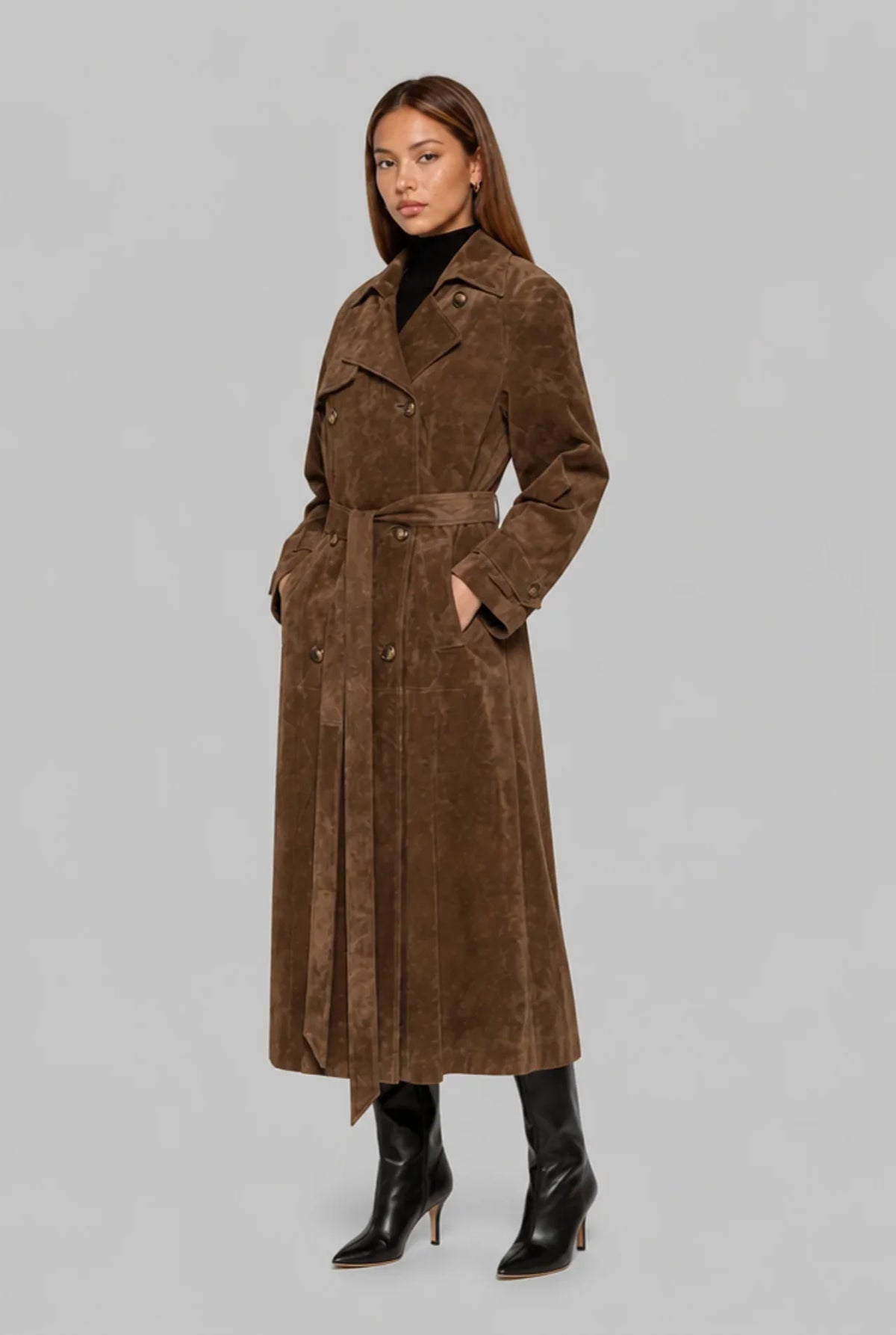 Long Faux Suede Trench Coat with Belt