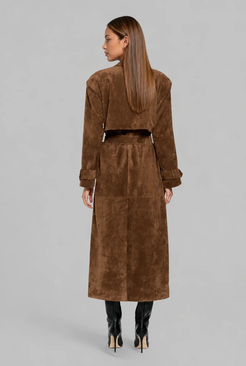 Long Faux Suede Trench Coat with Belt