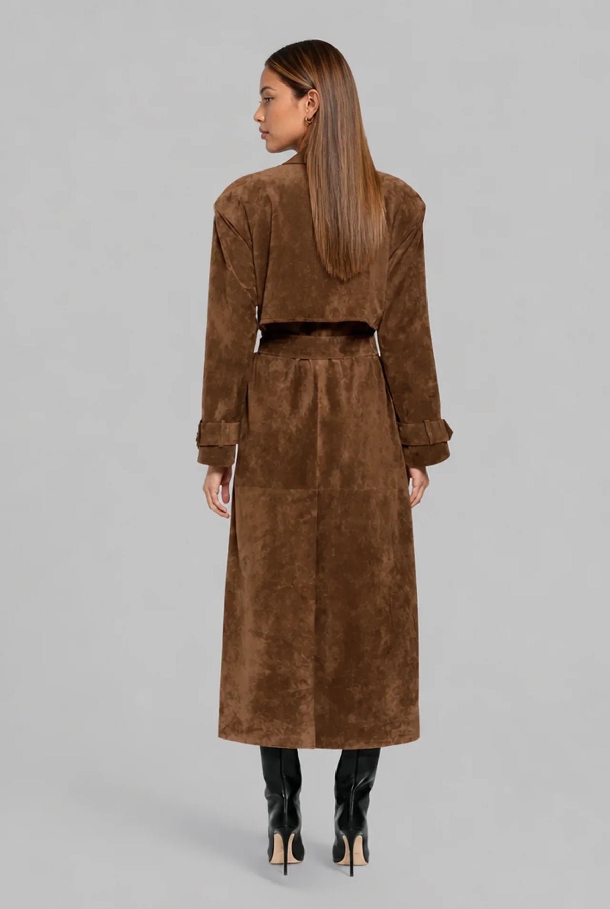 Long Faux Suede Trench Coat with Belt