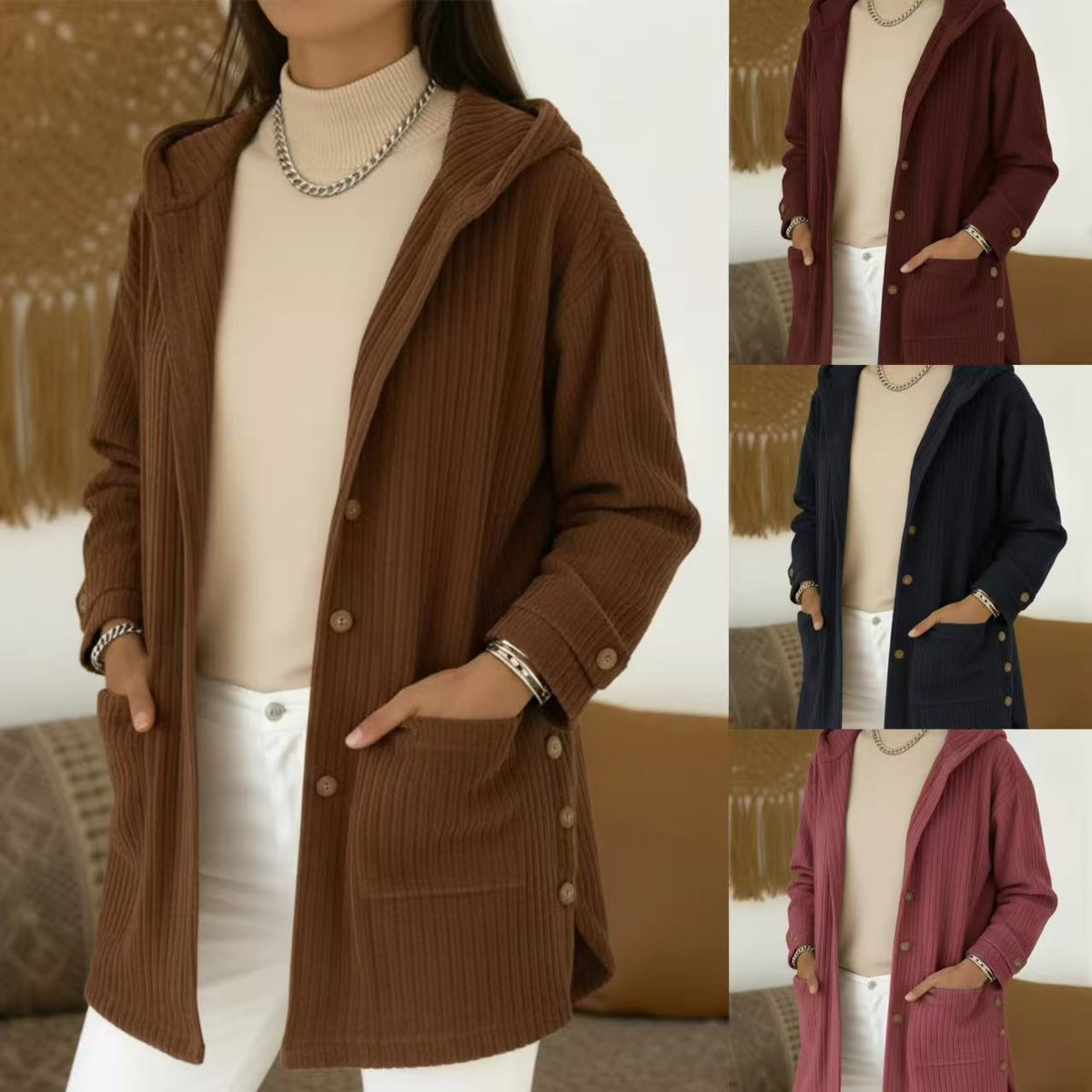 Hooded Corduroy Jacket with Patch Pockets