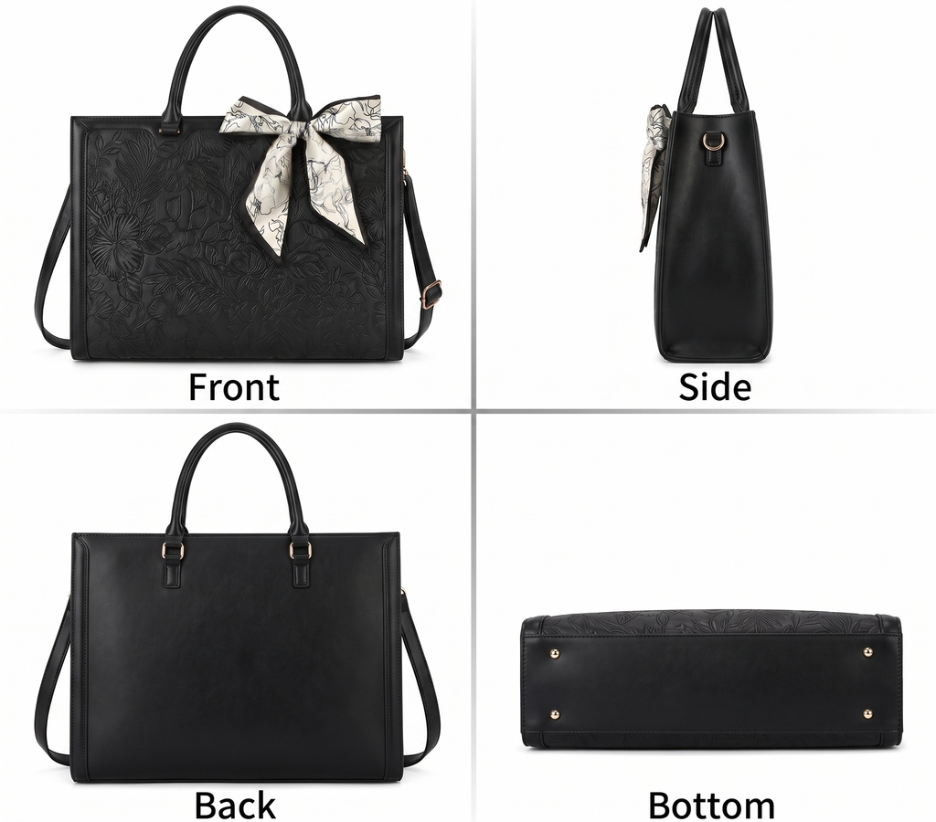 Embossed Work Tote with Laptop Pocket in Black