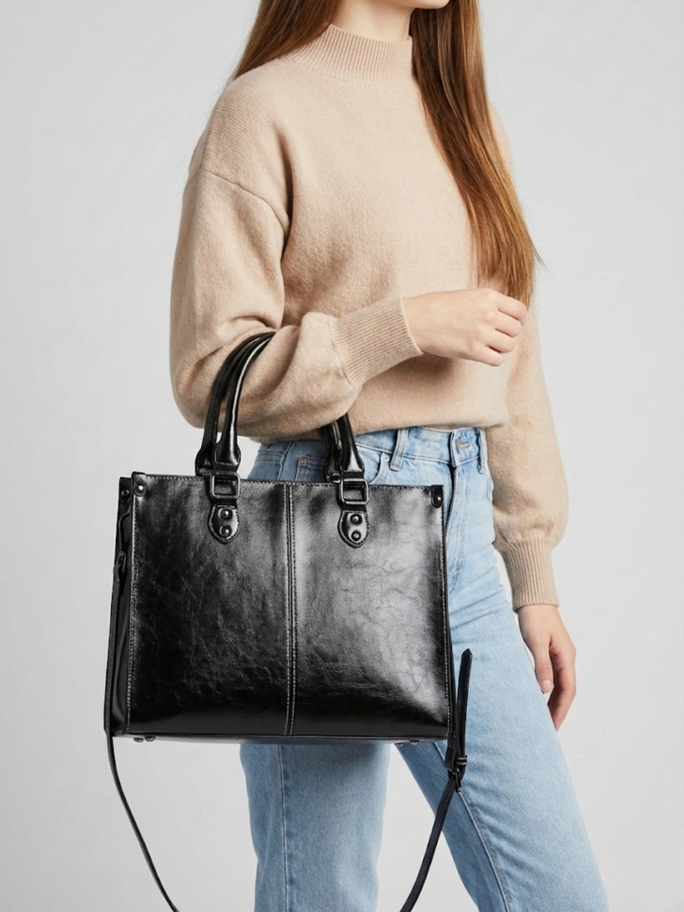 Black Structured Leather Work Bag