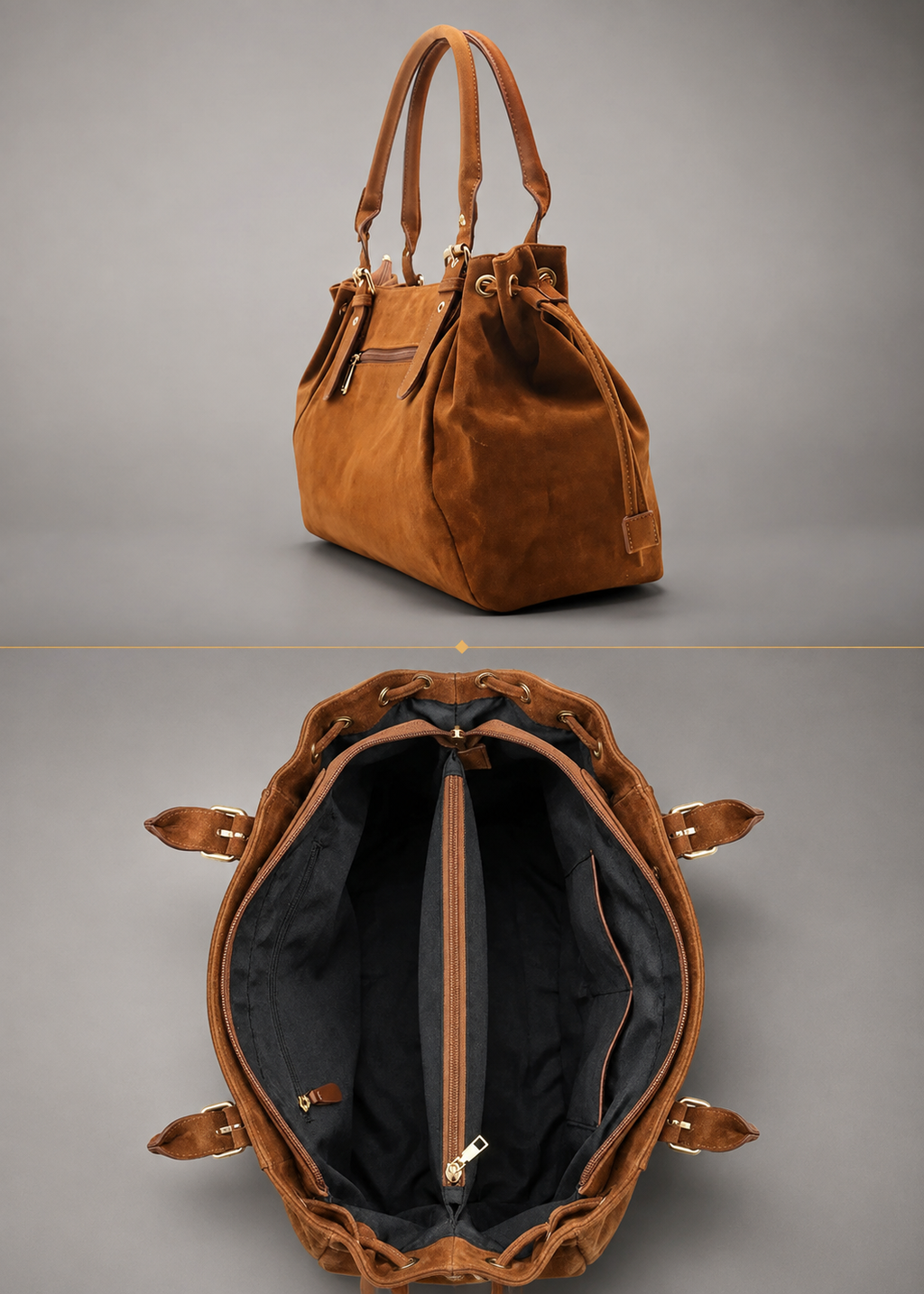 Structured Suede-Finish Tote with Side Cinches