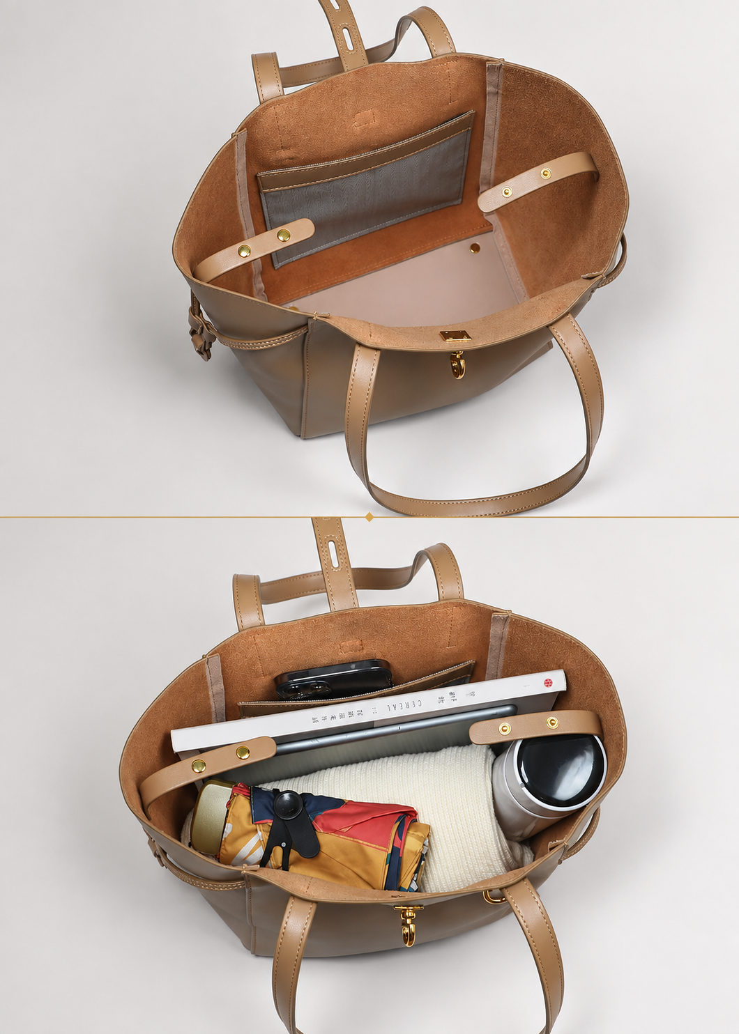 Winged Leather Tote with Removable Pouch
