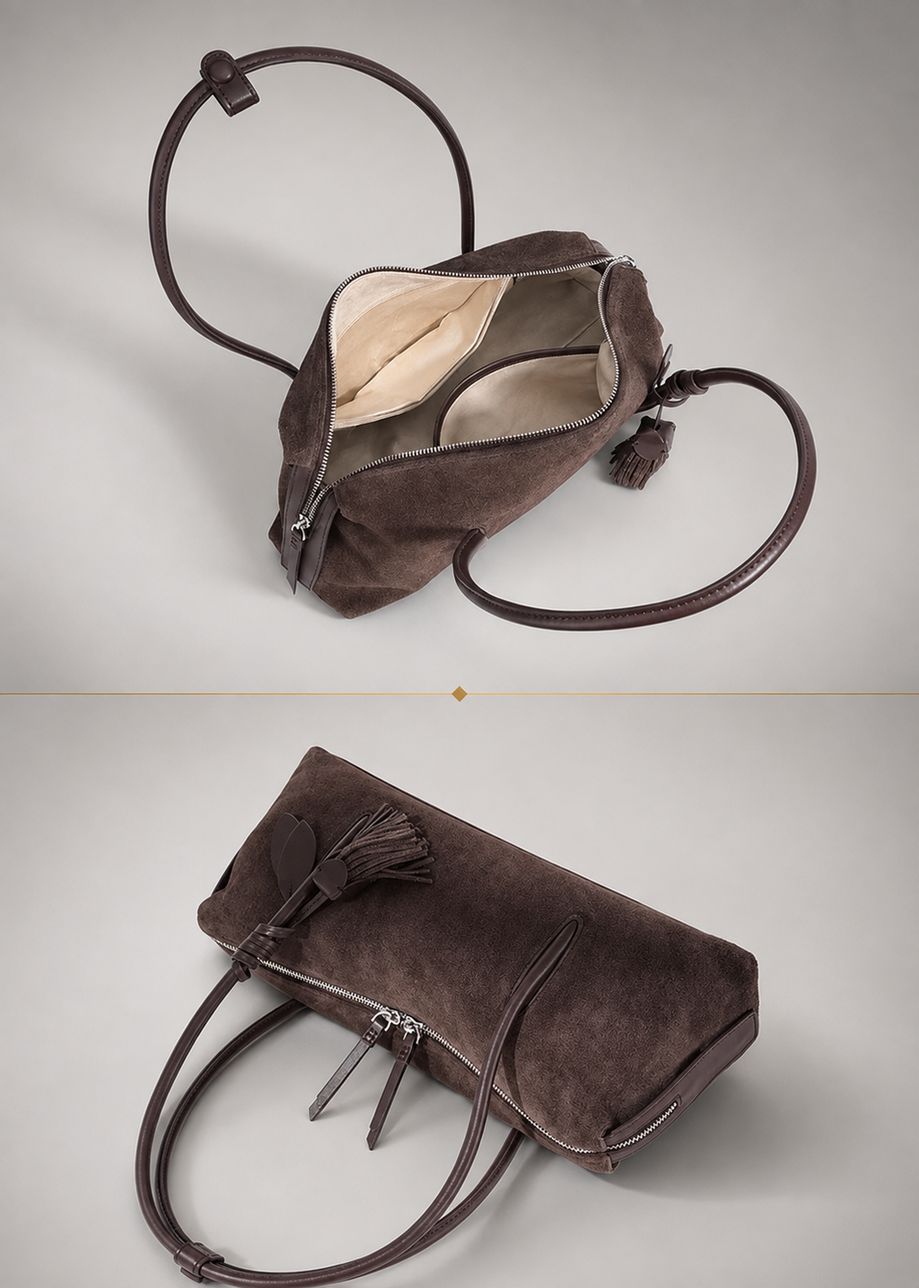 Suede and Leather Pillow Bag with Tassel