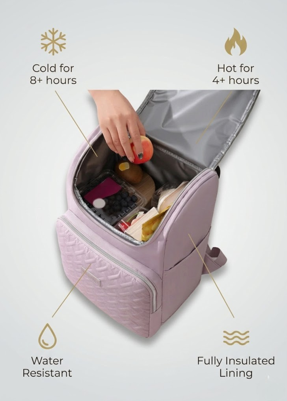 Insulated Quilted Lunch Backpack 17L in Lilac