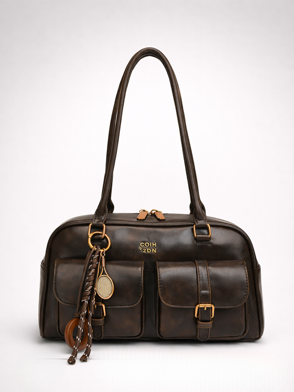 Structured Multi-Pocket Shoulder Bag in Coffee
