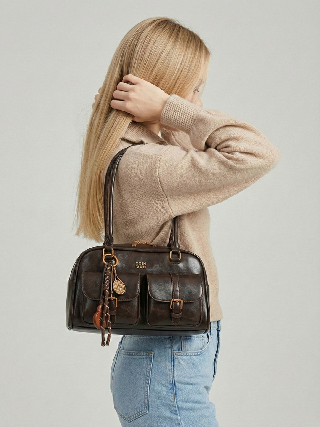 Structured Multi-Pocket Shoulder Bag in Coffee