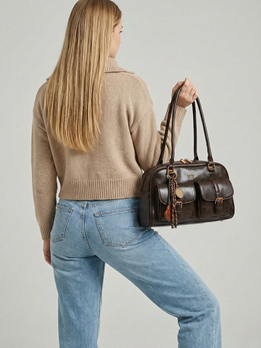 Structured Multi-Pocket Shoulder Bag in Coffee