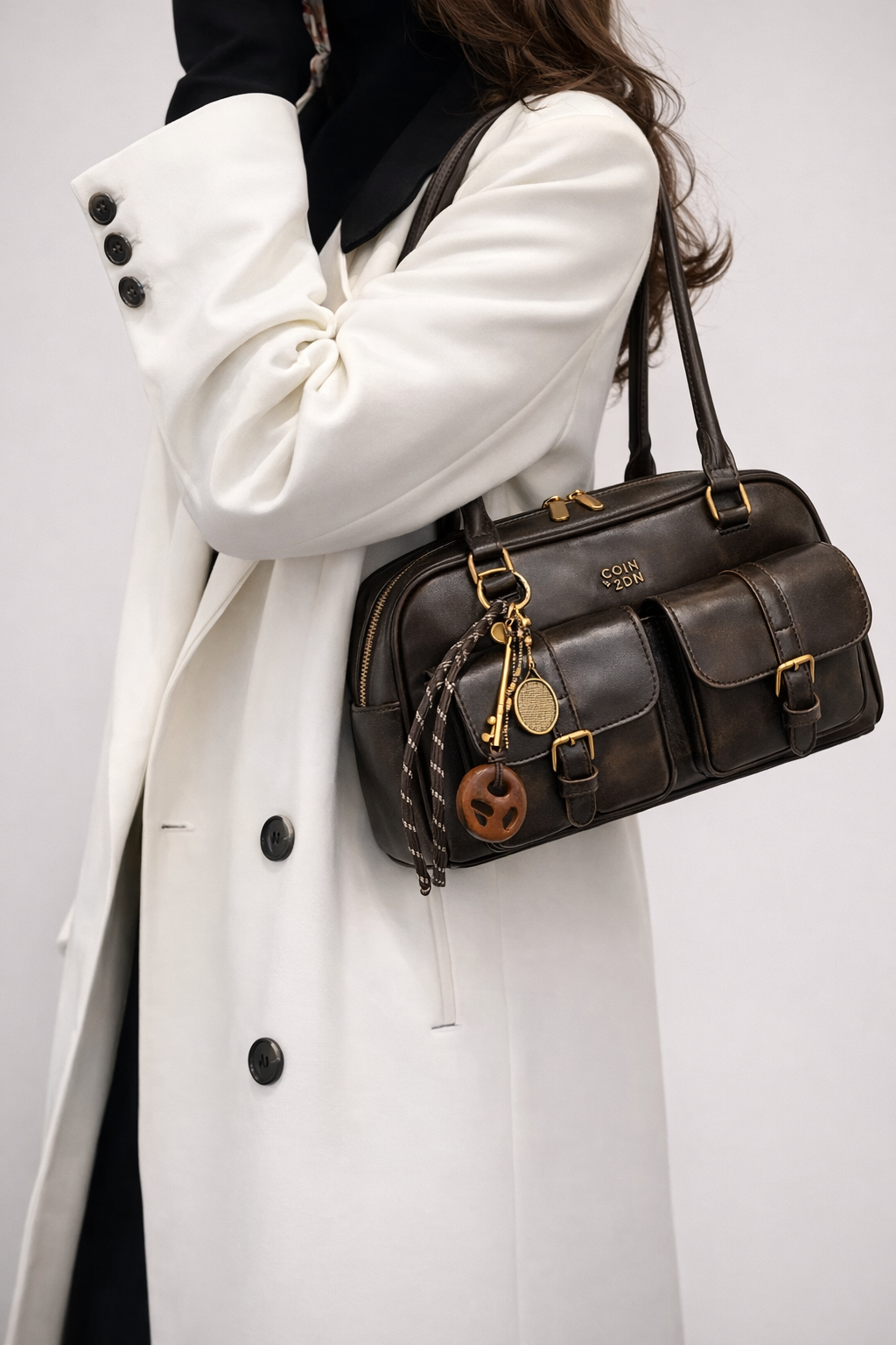 Structured Multi-Pocket Shoulder Bag in Coffee