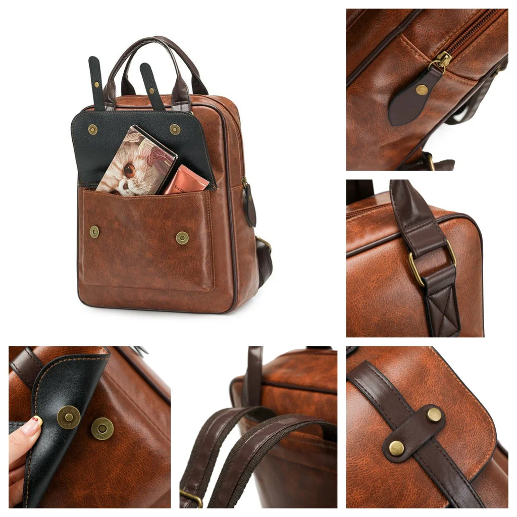 Vintage Vegan Leather Backpack with Buckle Flap