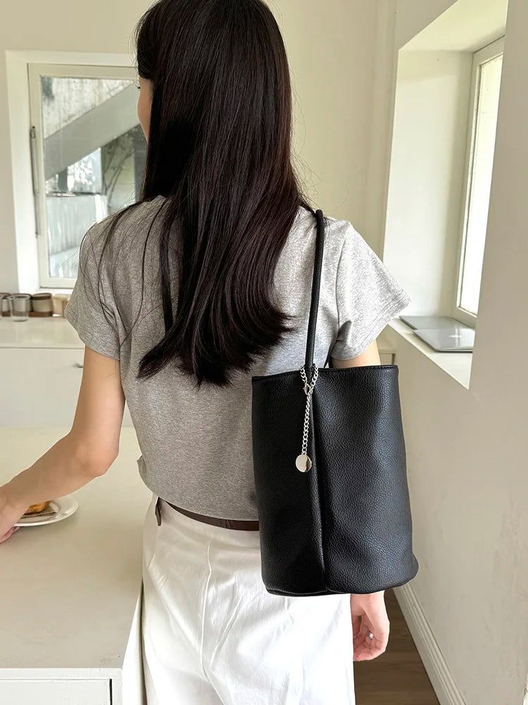 Cinched Vegan Leather Bucket Bag