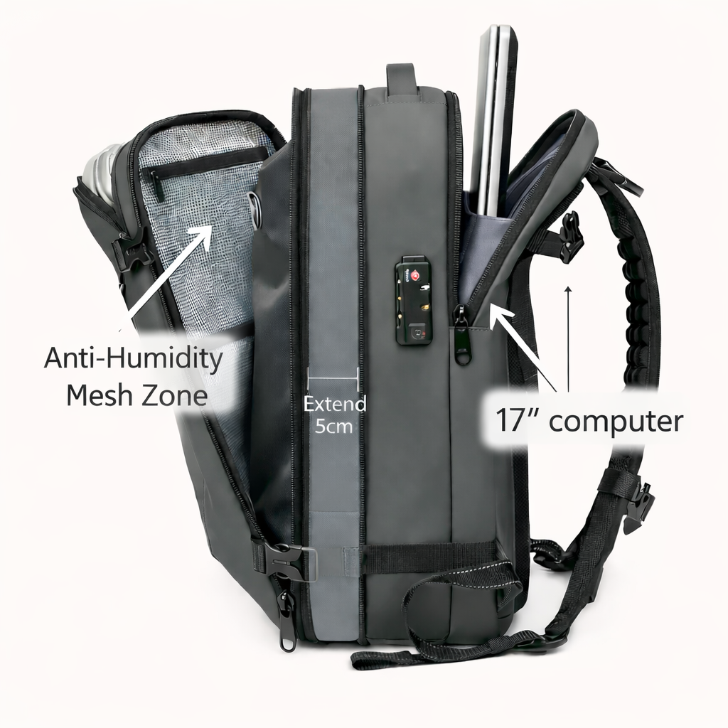 Water-Resistant Compression Travel Backpack 60L in Grey