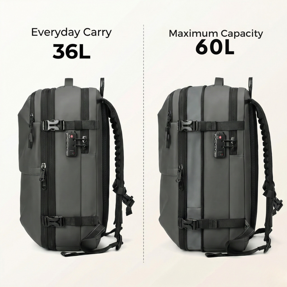 Water-Resistant Compression Travel Backpack 60L in Grey