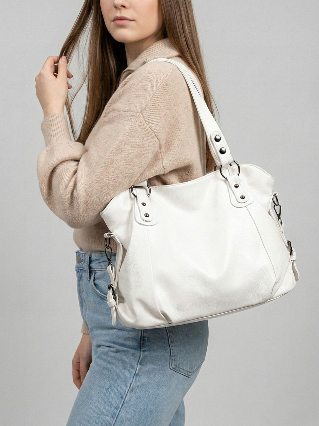 Zip-Top Vegan Leather Tote in Beige