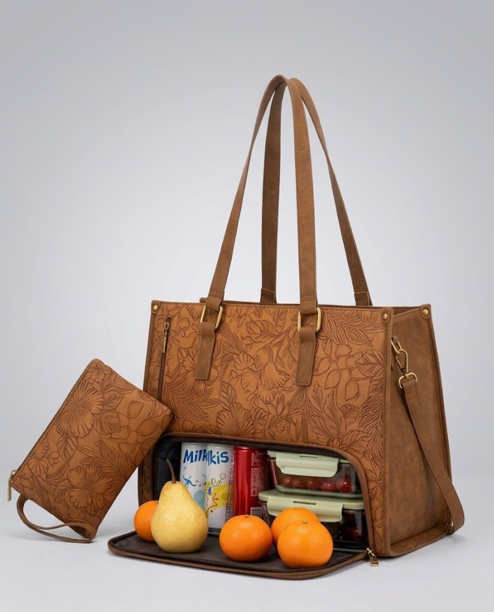Insulated Lunch Work Tote with Laptop Sleeve in Brown