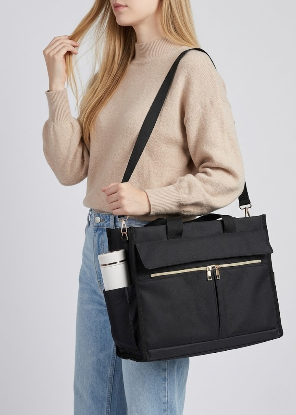 Insulated Lunch Tote with Crossbody Strap in Black