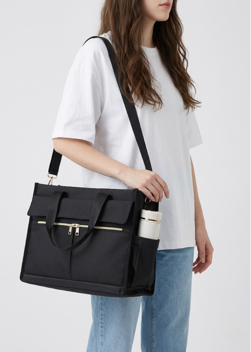 Insulated Lunch Tote with Crossbody Strap in Black