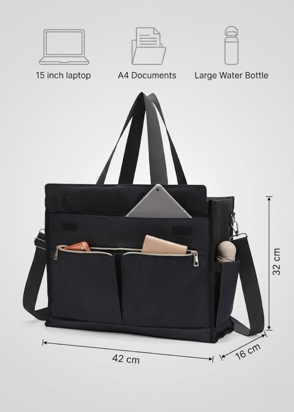 Insulated Lunch Tote with Crossbody Strap in Black