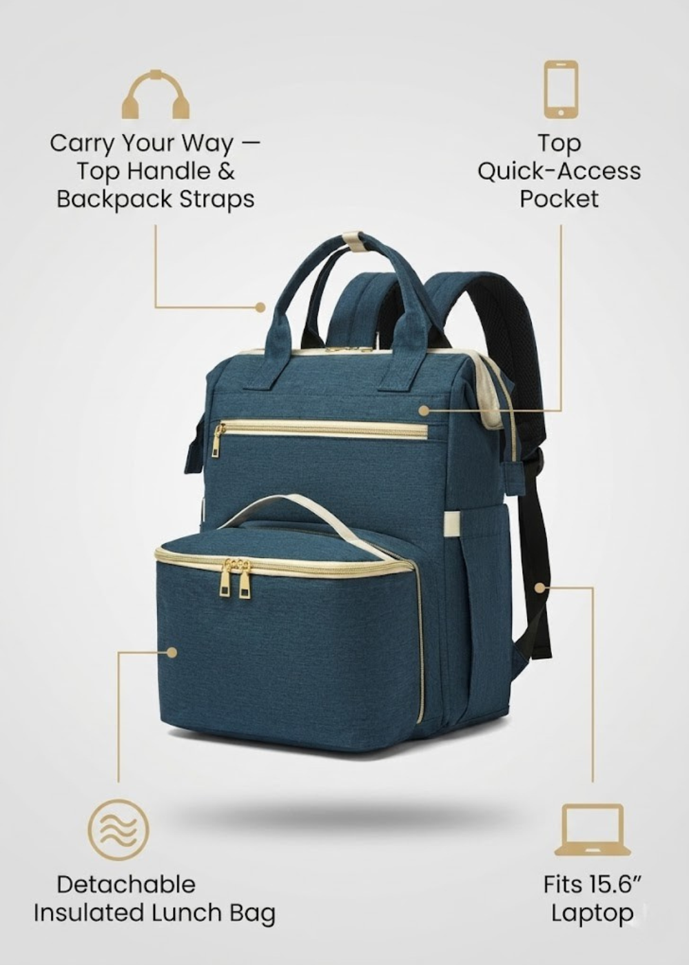 2-in-1 Laptop Backpack with Detachable Lunch Box in Blue