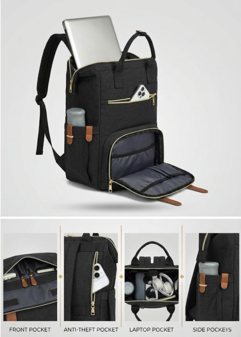 2-in-1 Laptop Backpack with Detachable Lunch Box in Black