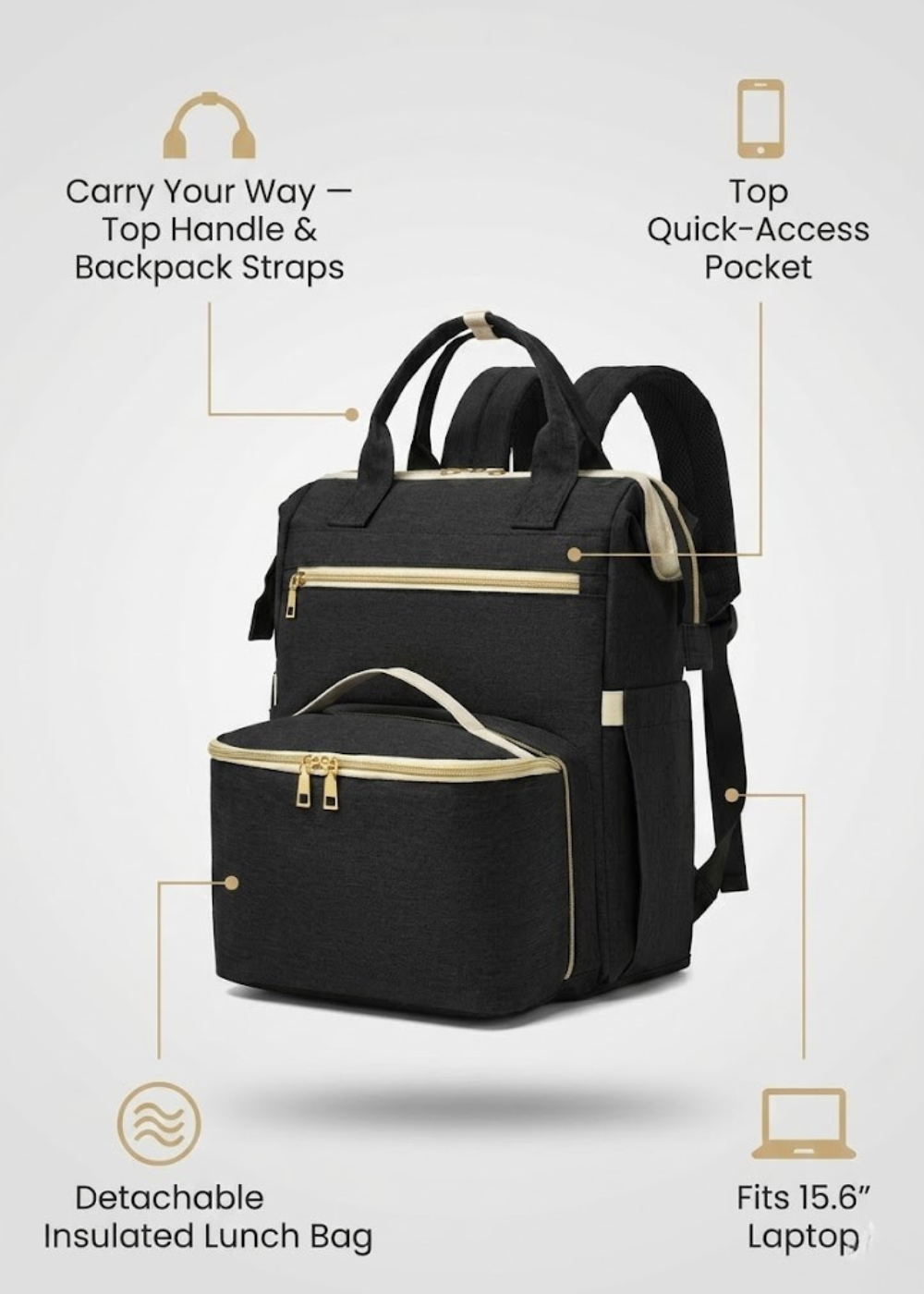 2-in-1 Laptop Backpack with Detachable Lunch Box in Black