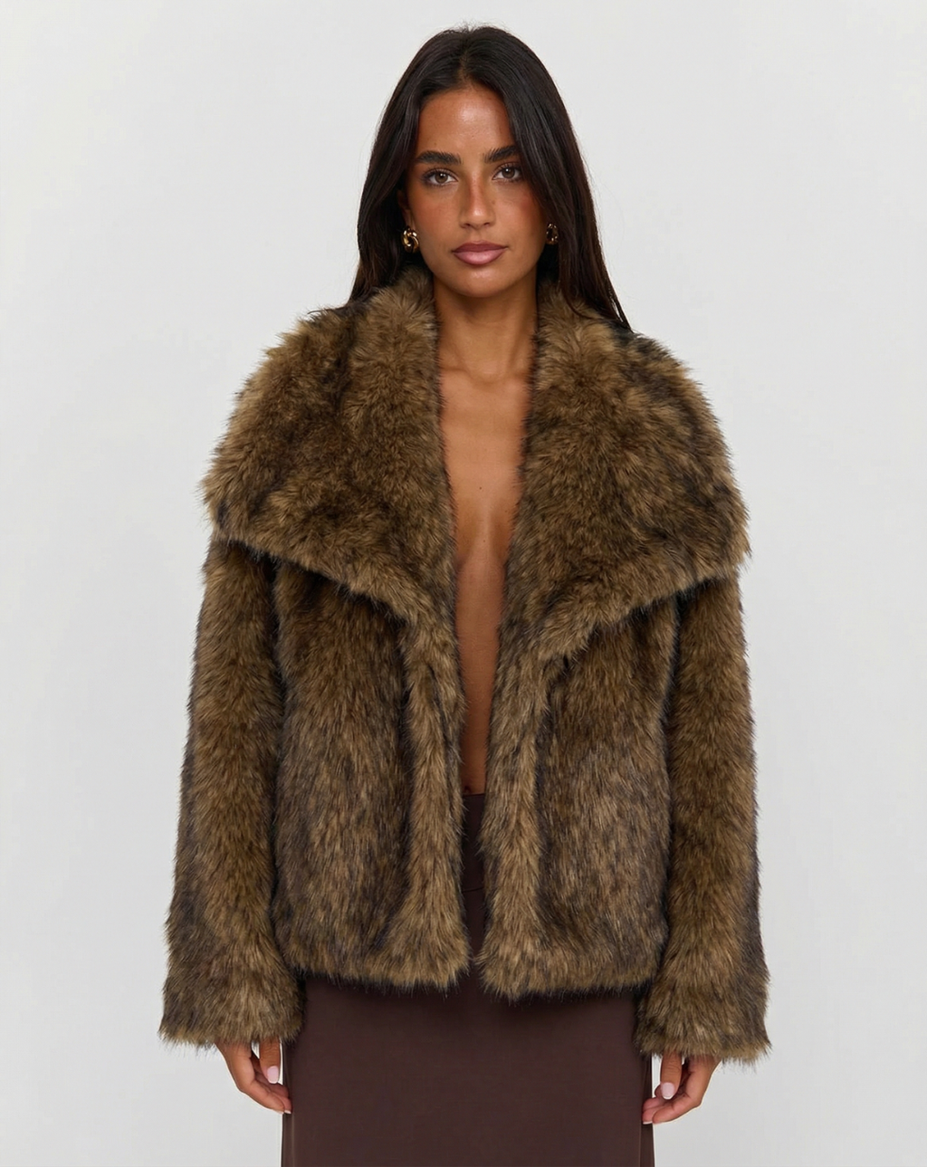 Cropped Brown Faux Fur Coat with Wide Lapels