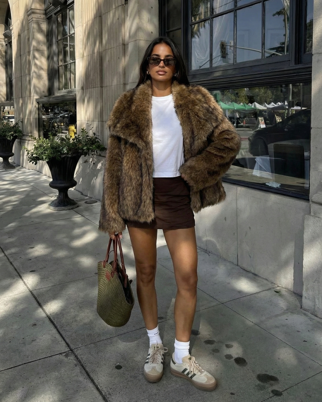 Cropped Brown Faux Fur Coat with Wide Lapels