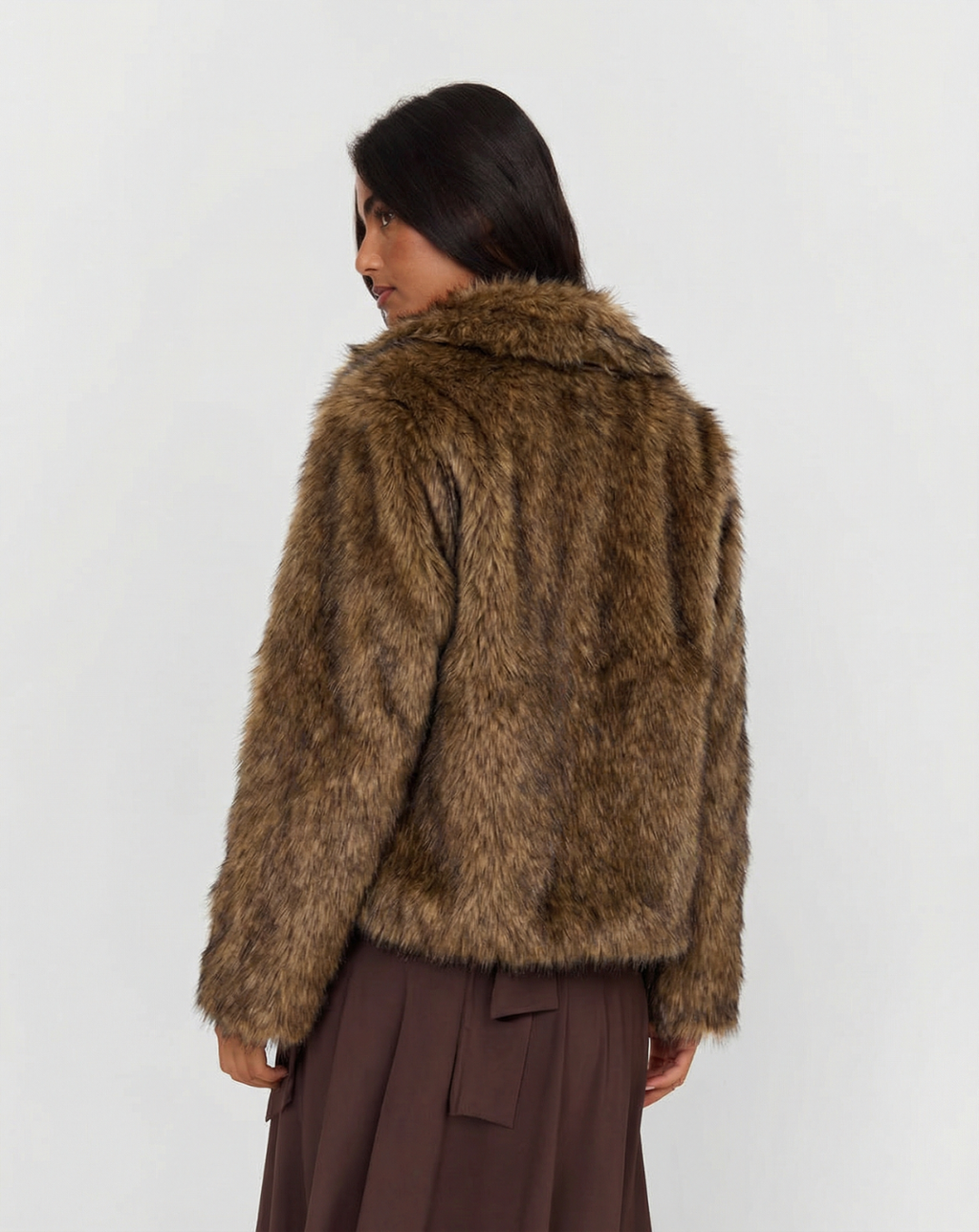 Cropped Brown Faux Fur Coat with Wide Lapels