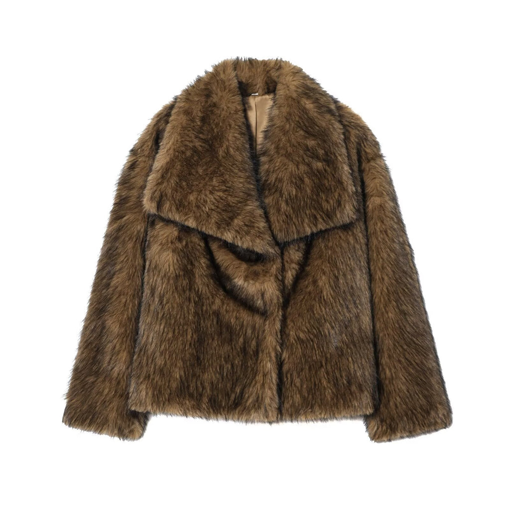Cropped Brown Faux Fur Coat with Wide Lapels