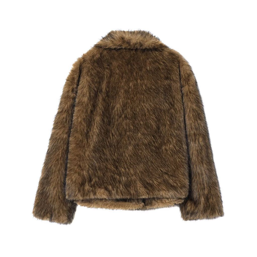 Cropped Brown Faux Fur Coat with Wide Lapels