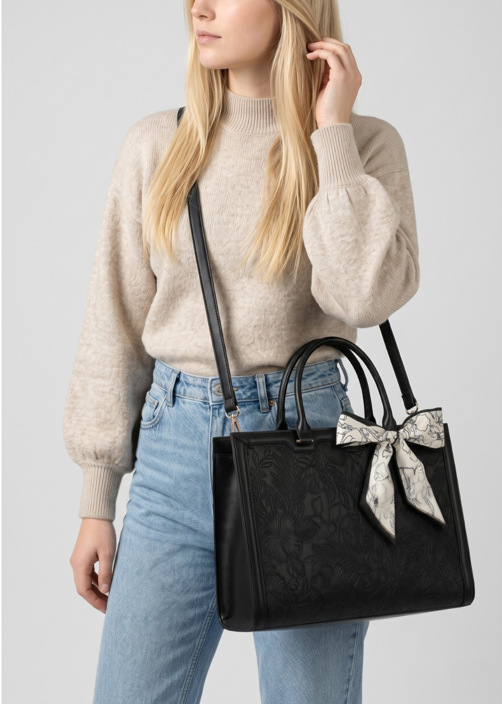 Embossed Work Tote with Laptop Pocket in Black