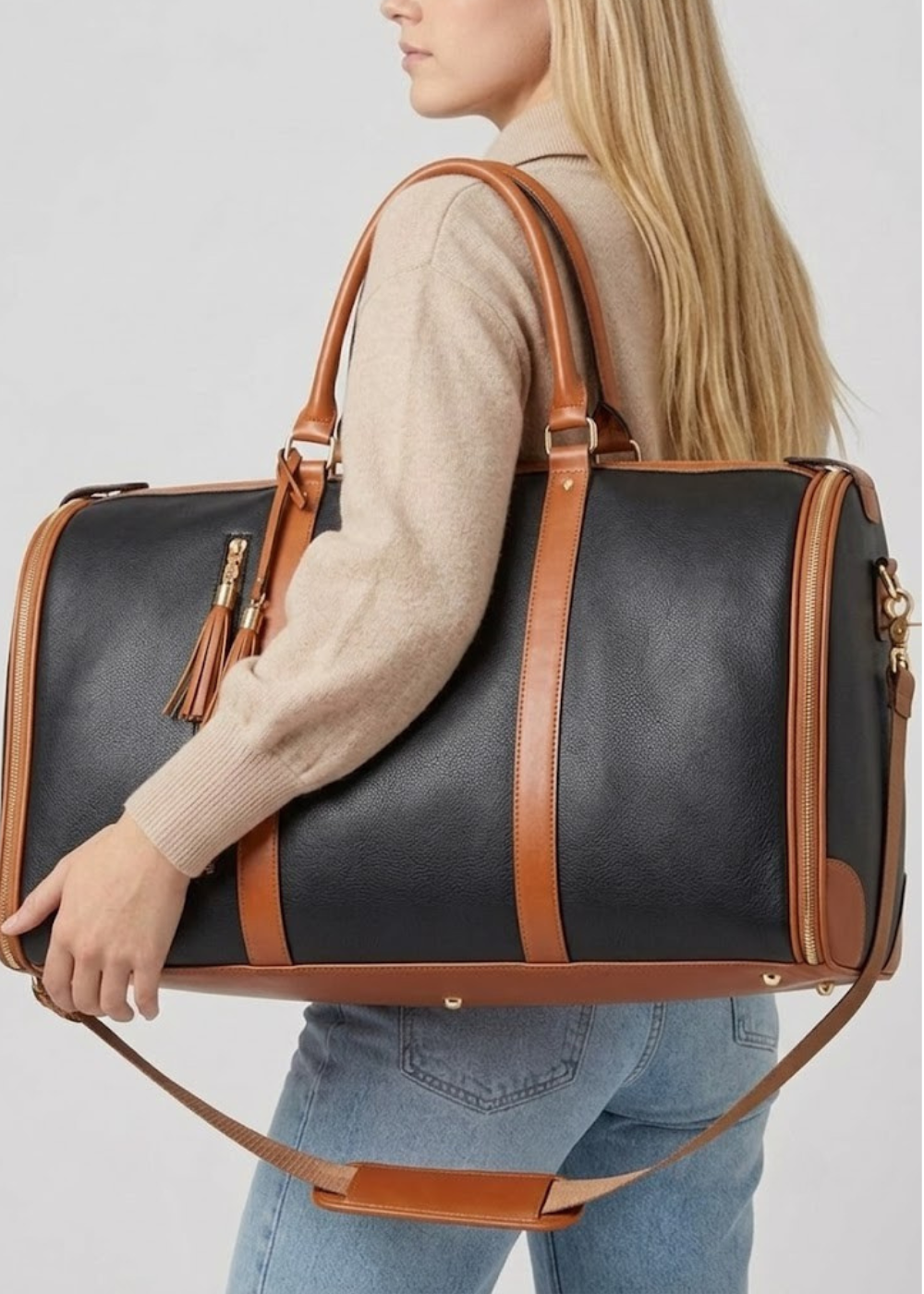 Vegan Leather Weekender Bag 50L in Black and Brown