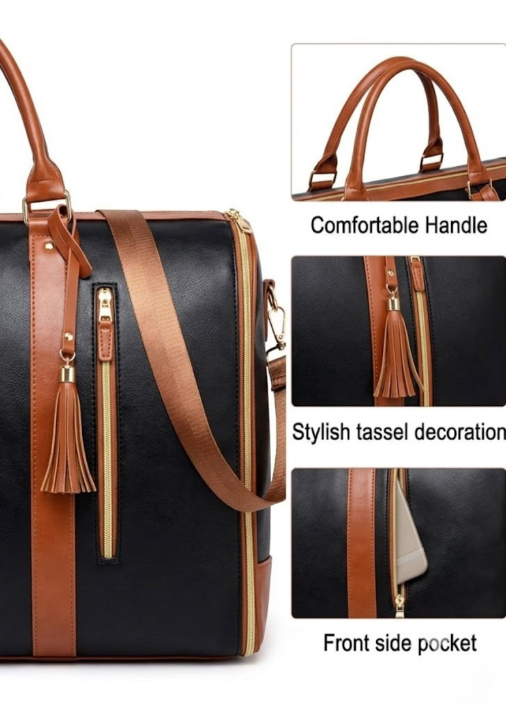 Vegan Leather Weekender Bag 50L in Black and Brown