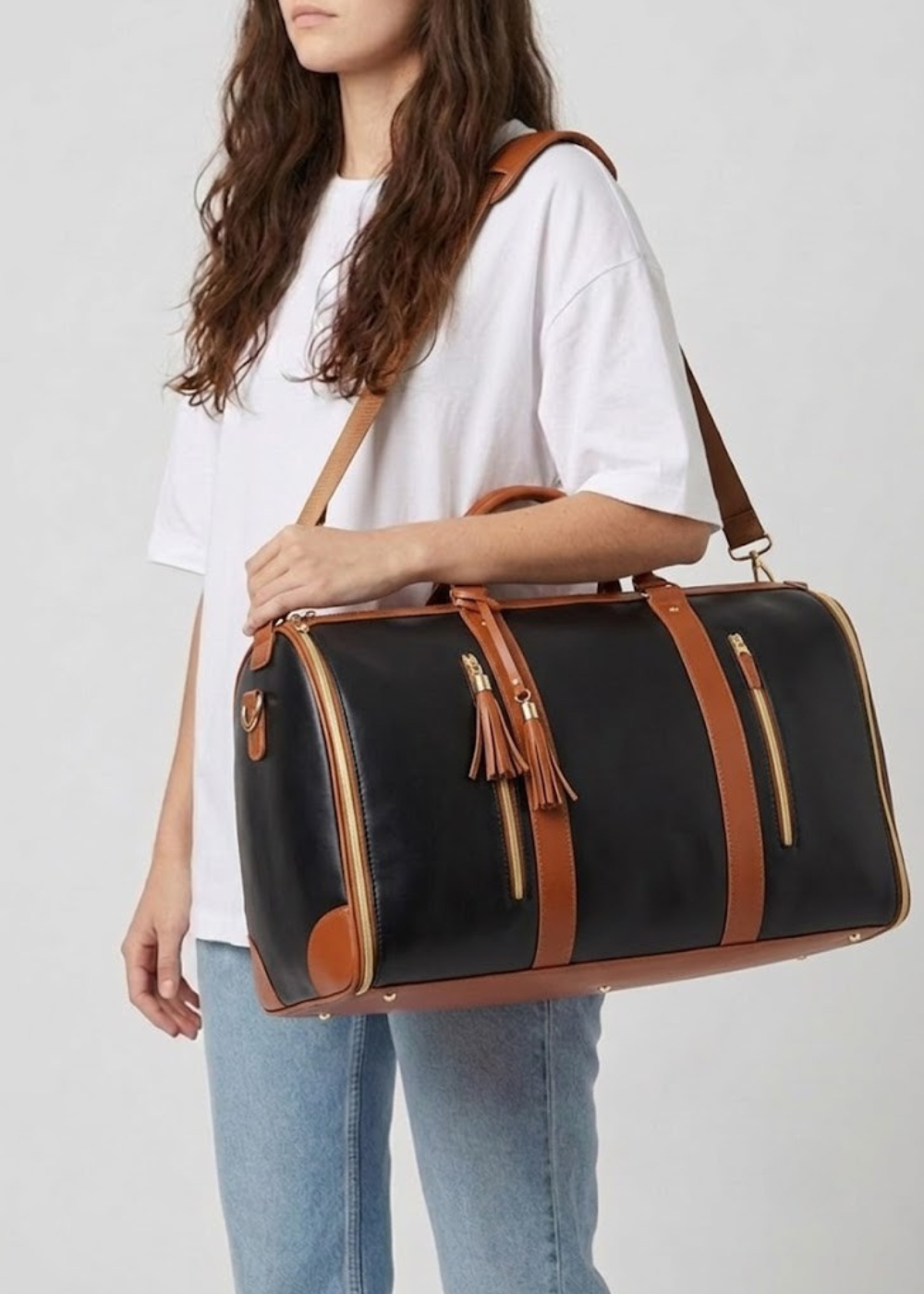Vegan Leather Weekender Bag 50L in Black and Brown