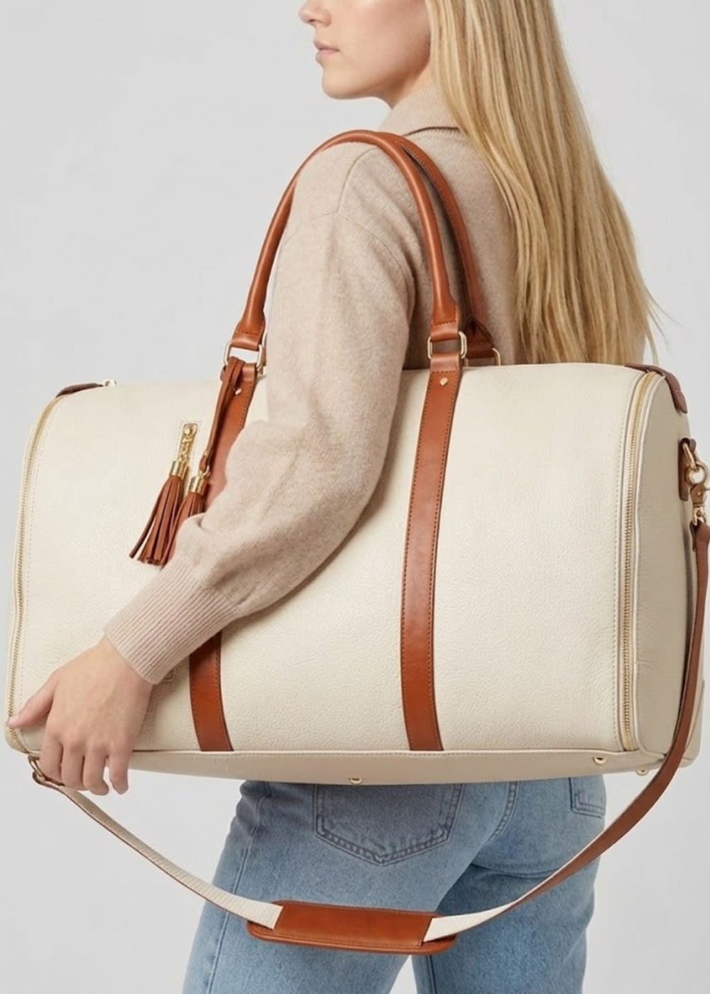 Vegan Leather Weekender Bag 50L in Beige