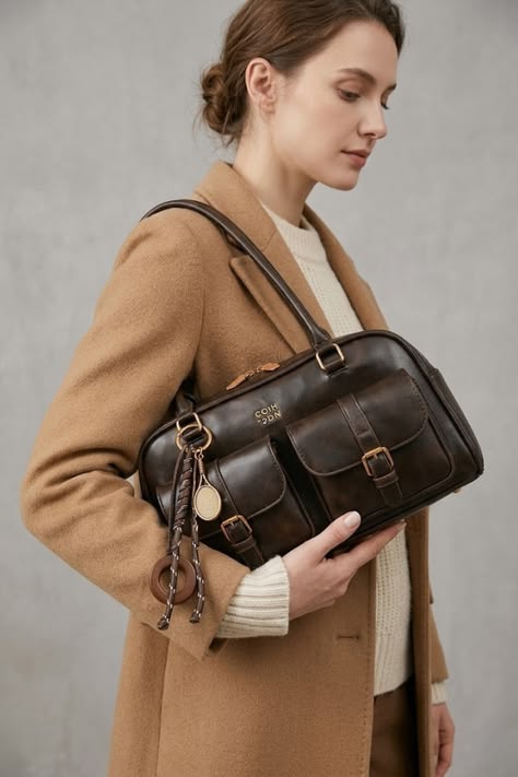 Structured Multi-Pocket Shoulder Bag in Coffee