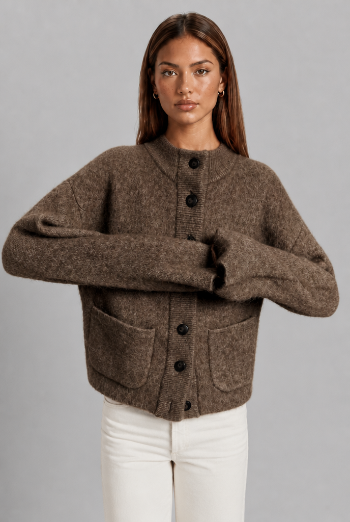 Cropped Chunky Knit Funnel Neck Cardigan