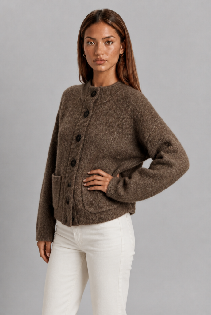 Cropped Chunky Knit Funnel Neck Cardigan