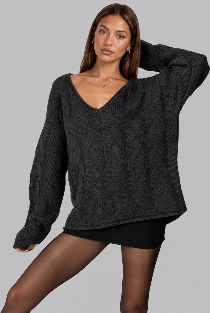 Oversized Cable Knit V-Neck Jumper