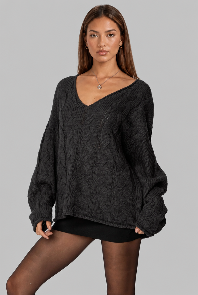 Oversized Cable Knit V-Neck Jumper