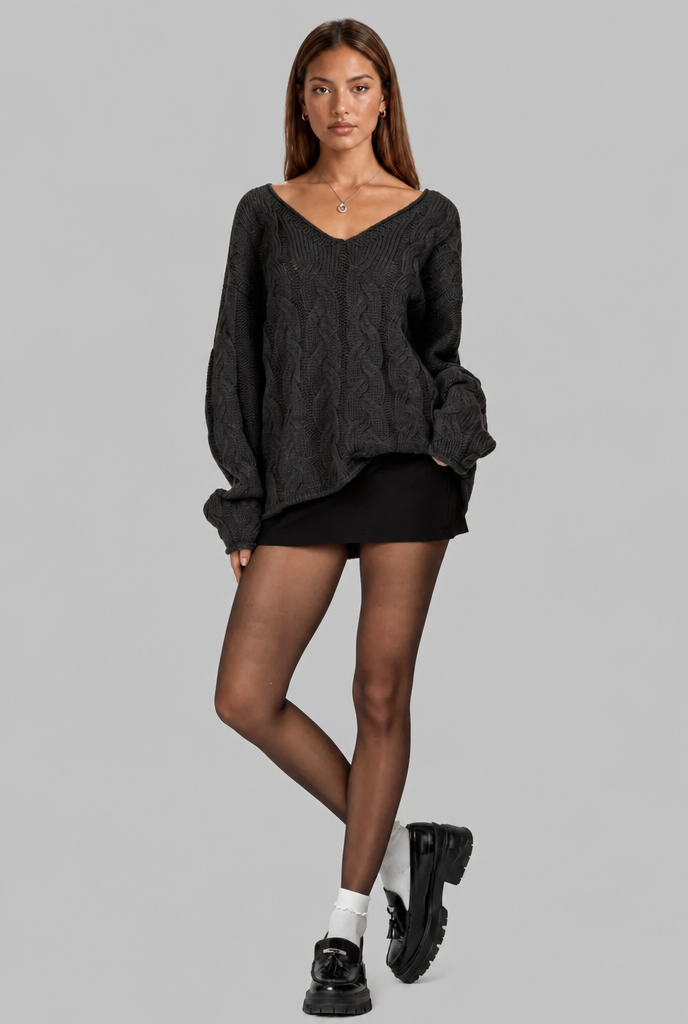 Oversized Cable Knit V-Neck Jumper