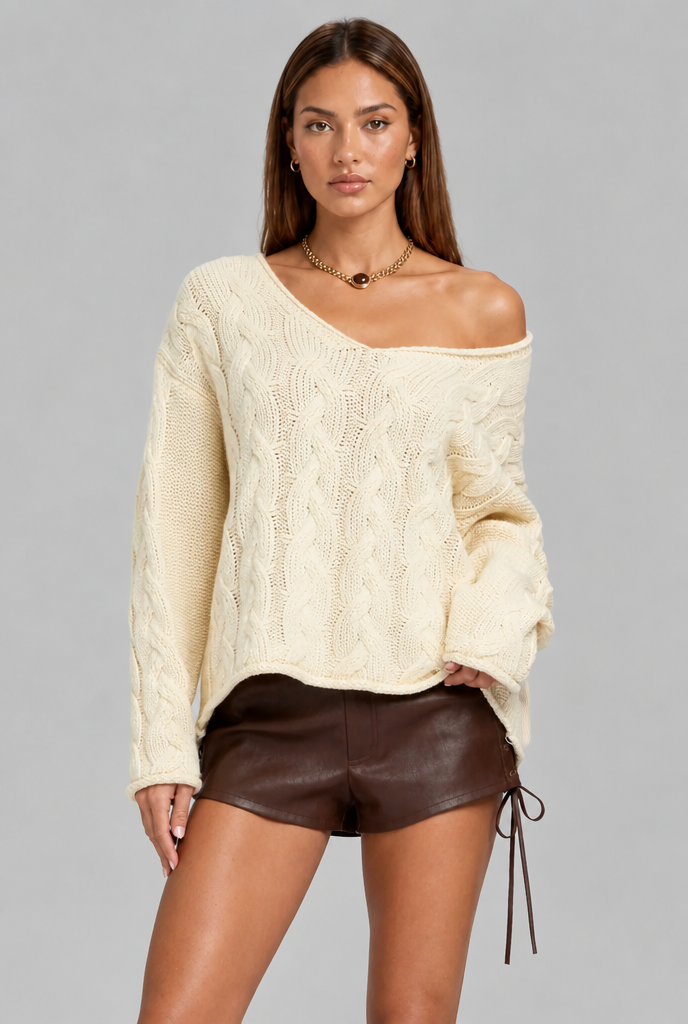 Oversized Cable Knit V-Neck Jumper