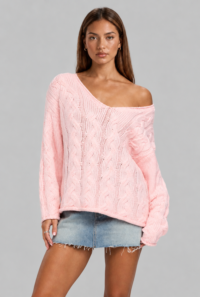 Oversized Cable Knit V-Neck Jumper