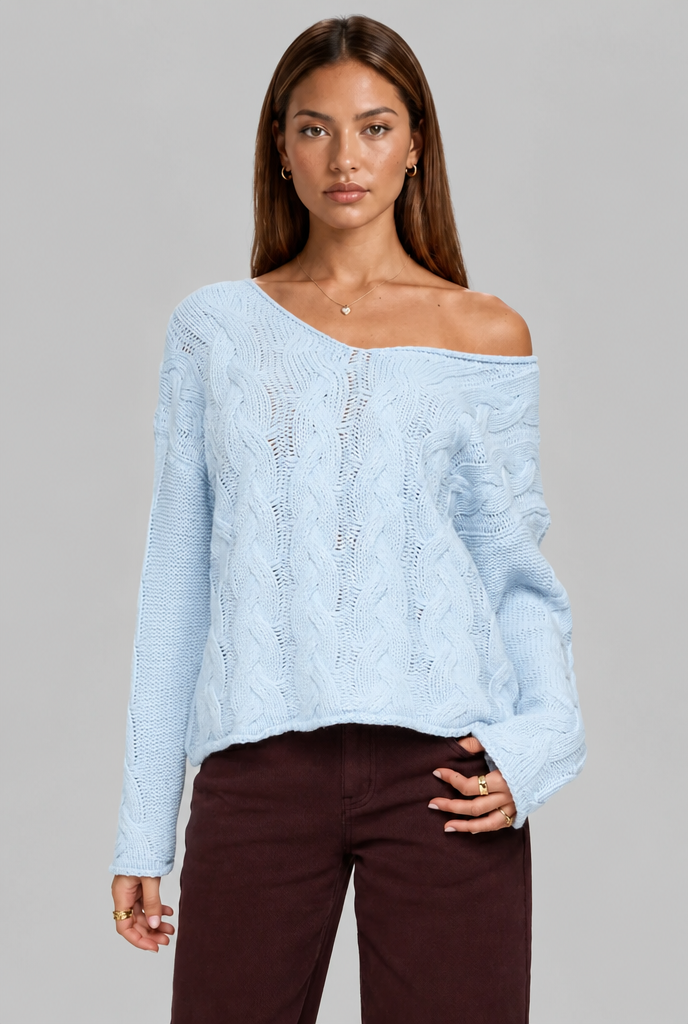 Oversized Cable Knit V-Neck Jumper