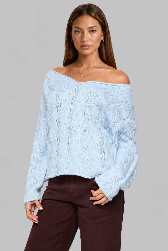 Oversized Cable Knit V-Neck Jumper