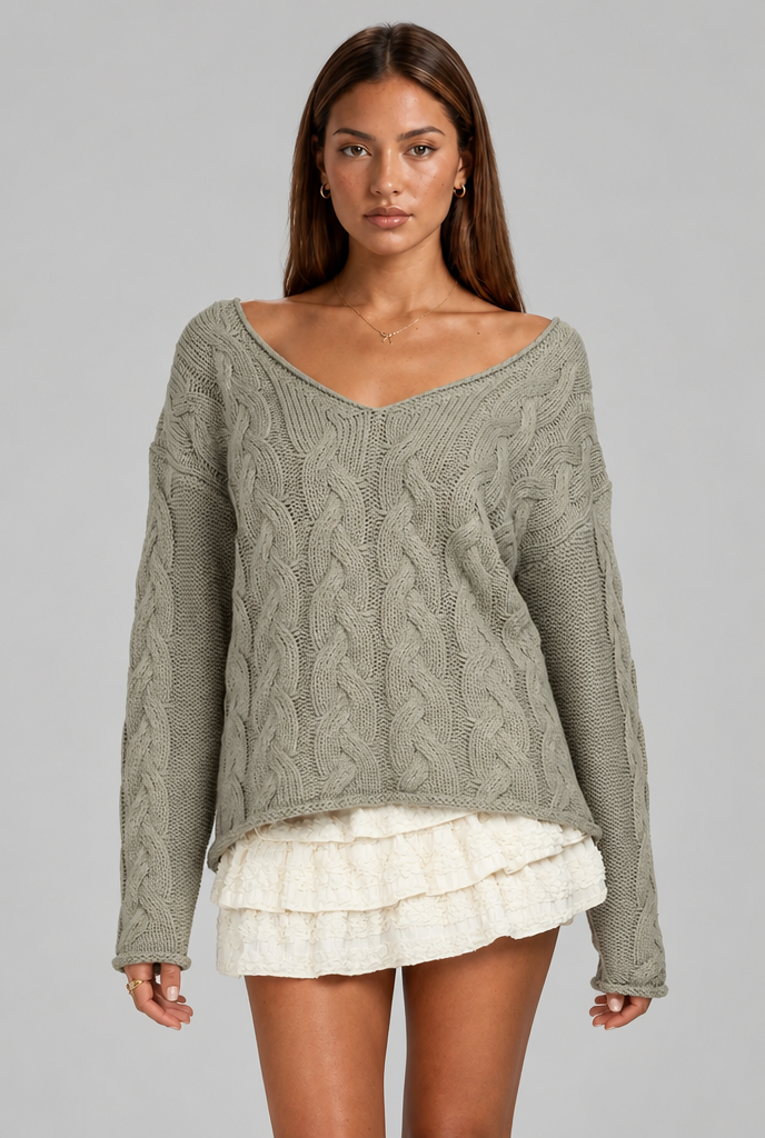 Oversized Cable Knit V-Neck Jumper