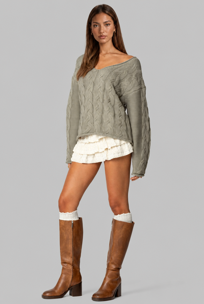 Oversized Cable Knit V-Neck Jumper
